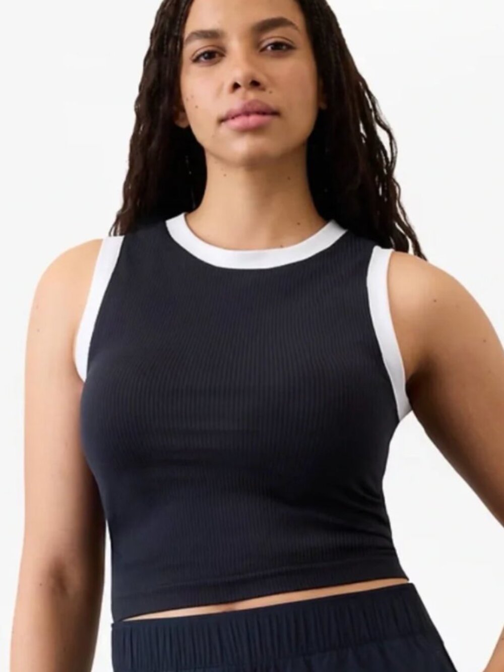 Athleta Sleeveless Ribbed Tank Top in Navy and White